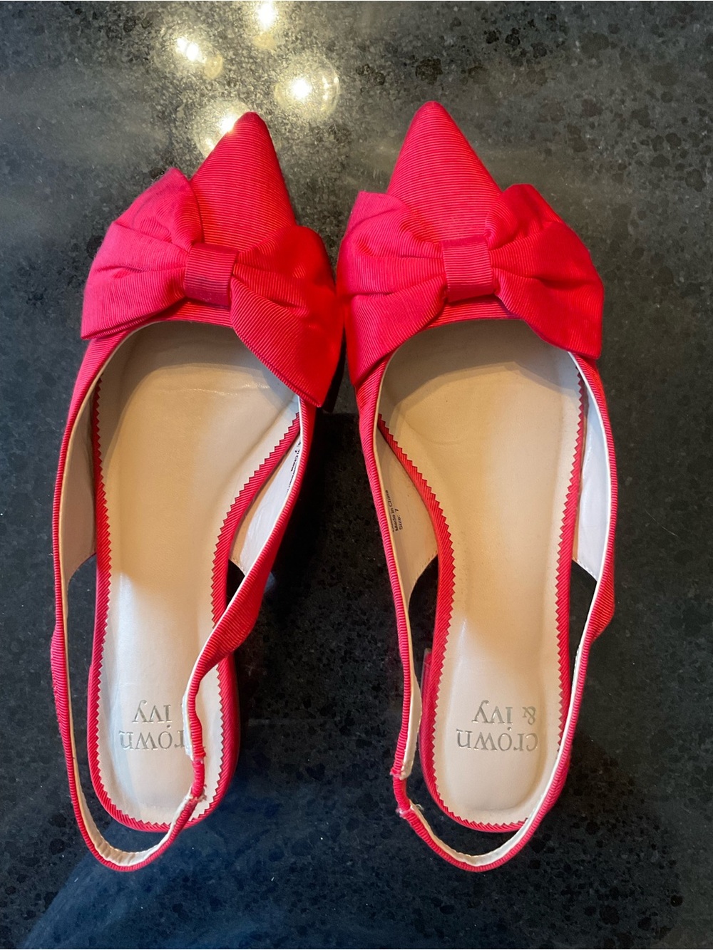 Crown & Ivy Penny Slingback Flats w/Oversized Bow & Pointed Toe, Red, Women’s 7